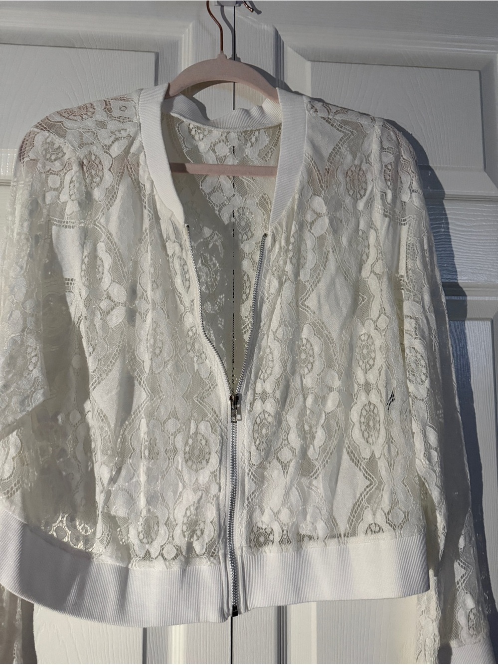 Sheer Lace Zip-Up Bomber Jacket in White